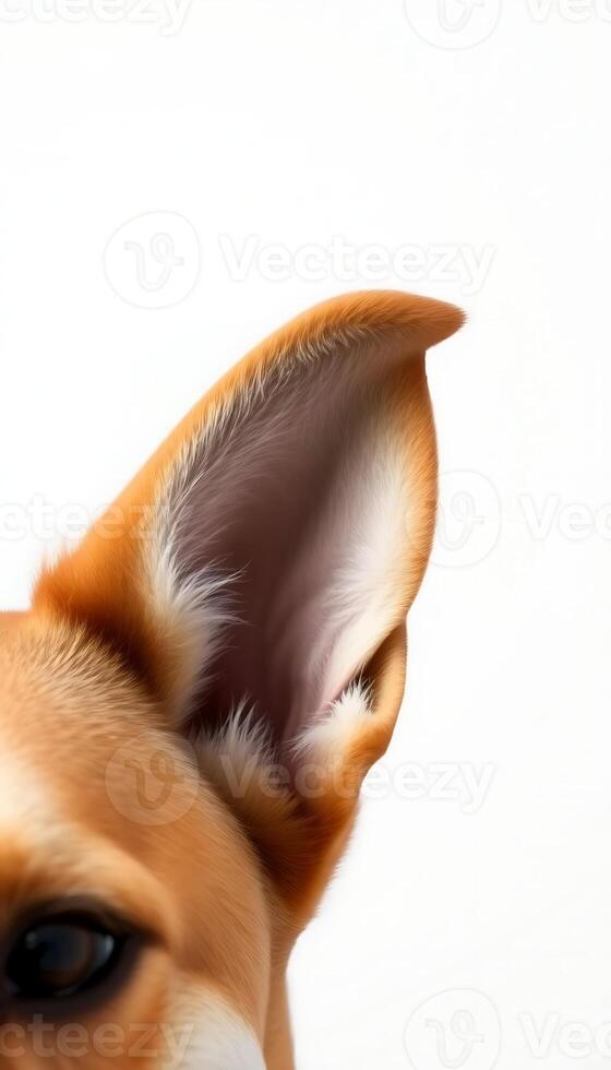 close up of a dog's face with a white background photo