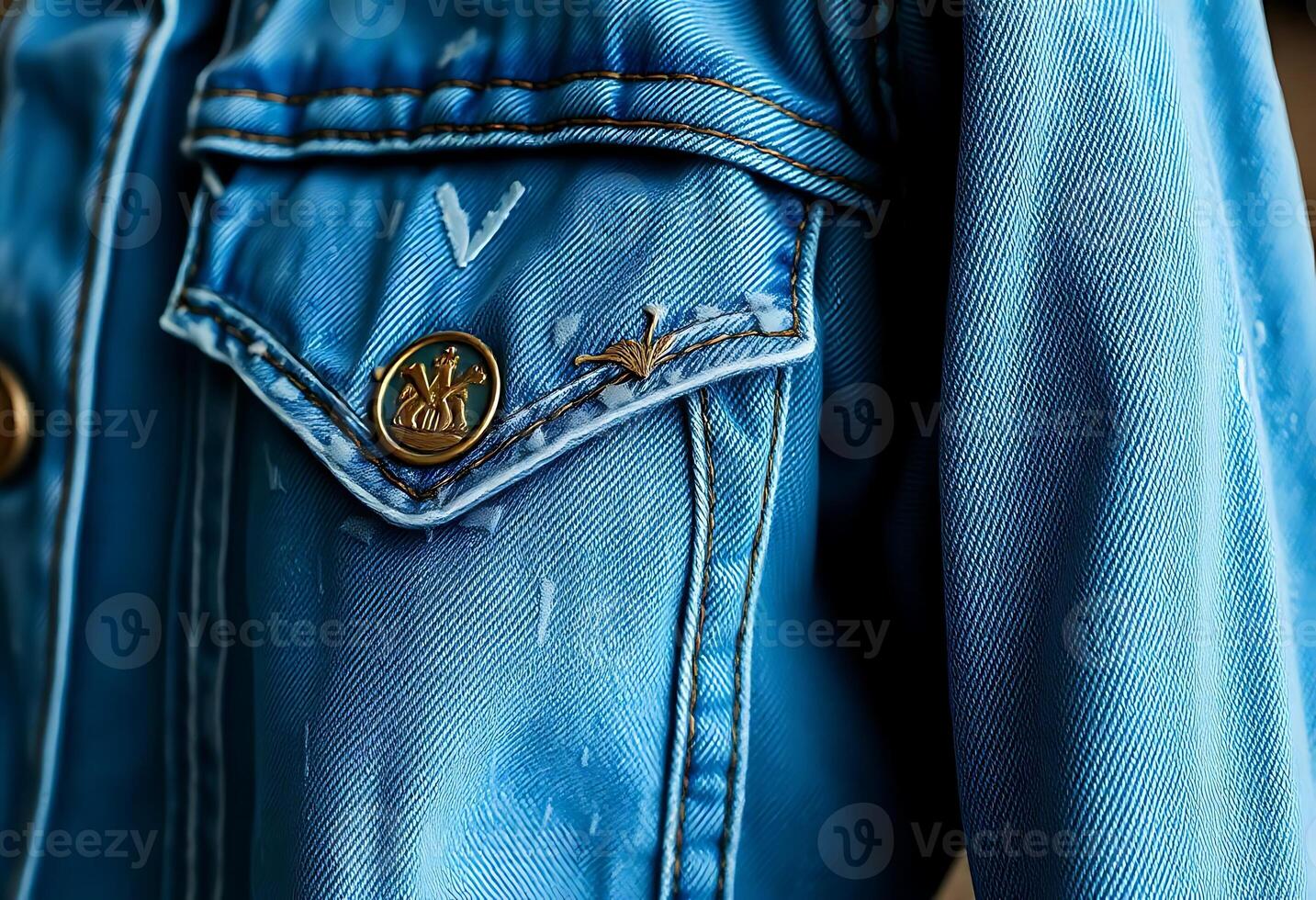 close up of a blue jean jacket with a gold button photo