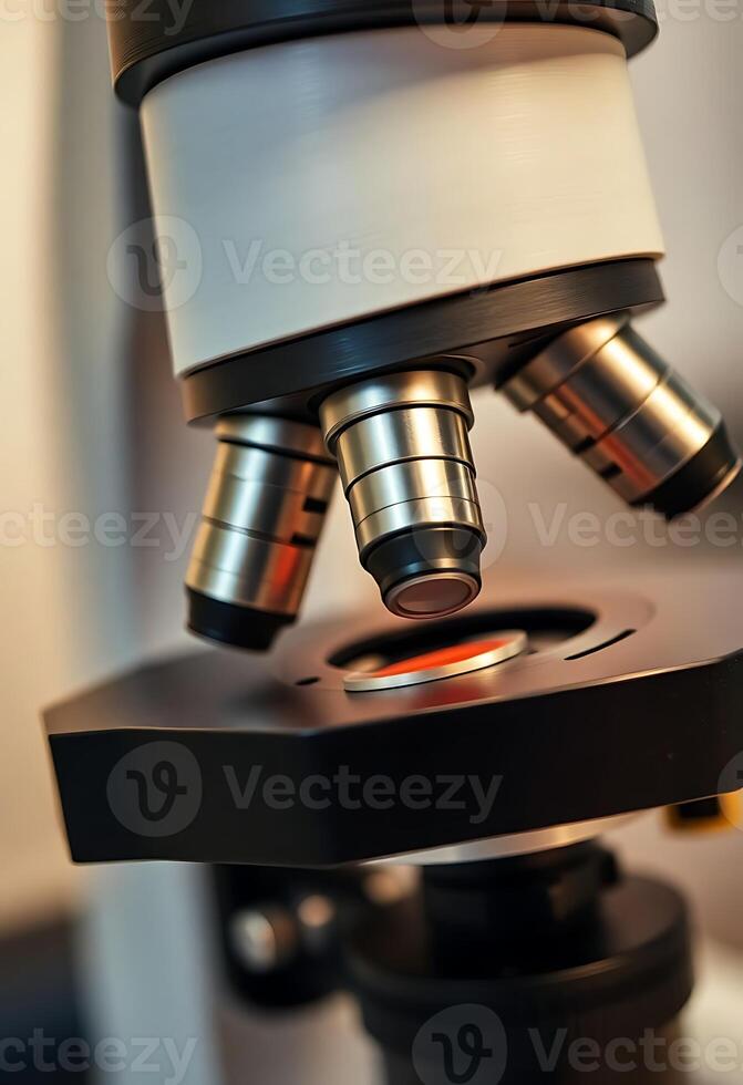 close up of a microscope with a light on it photo
