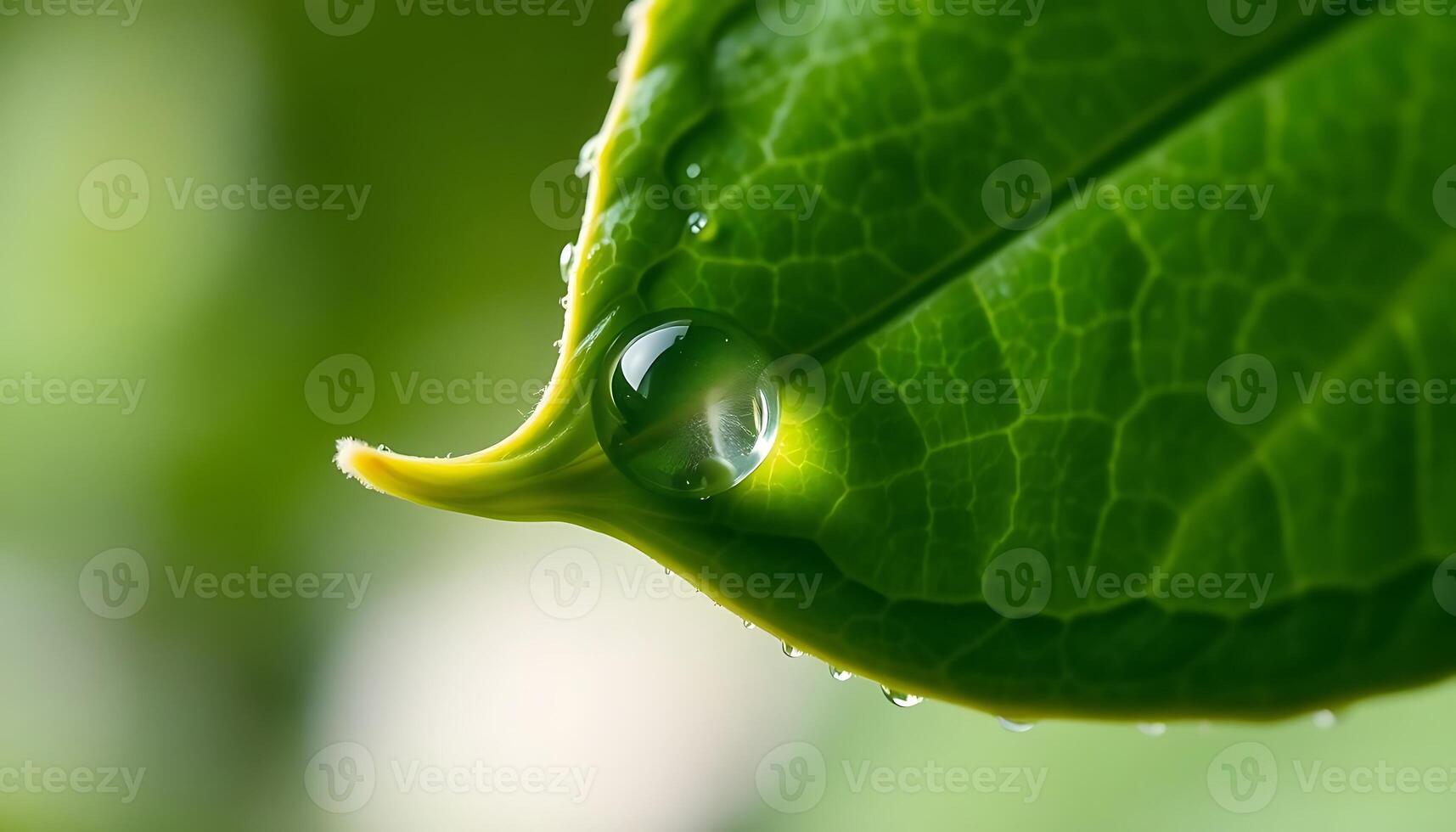 close up of a green leaf with water droplets photo