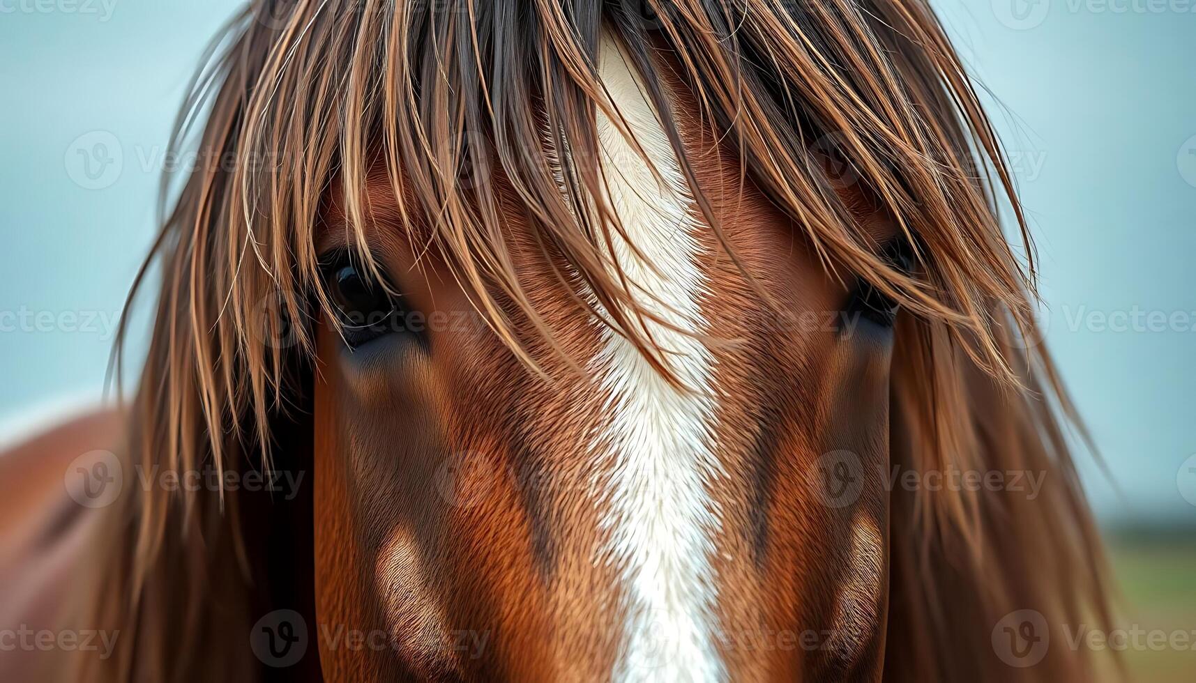 A close up of a horse's face with long hair photo