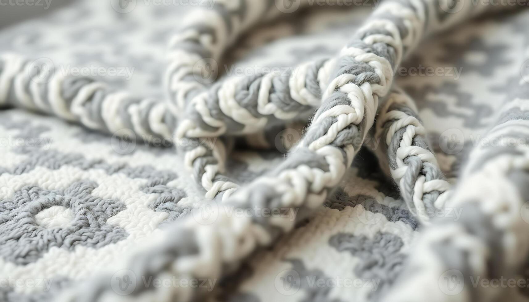 A close up of a blanket with a white and gray pattern photo