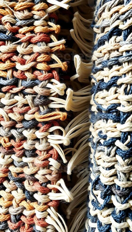 A close up of a pile of woven rugs photo