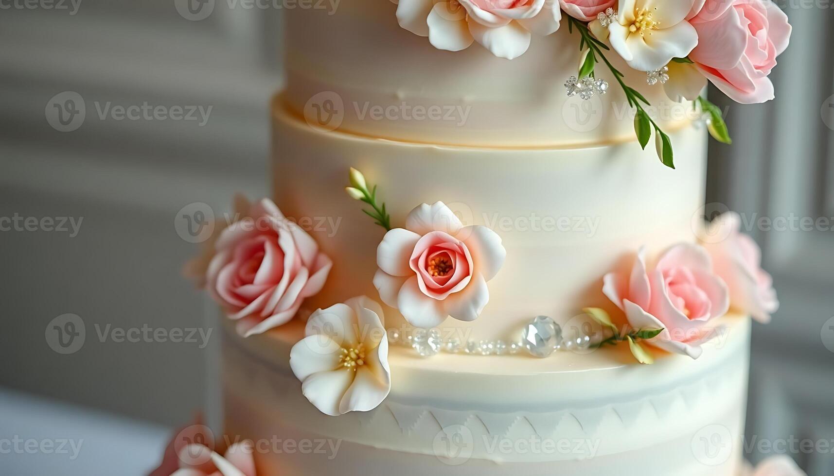 wedding cake with pink and white flowers on it photo