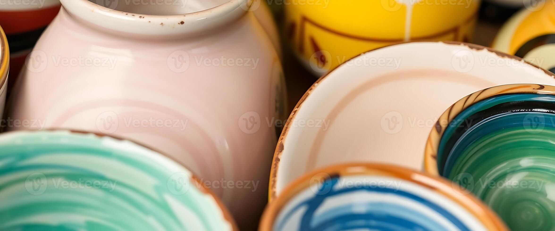Many colorful ceramic dishes are arranged together photo