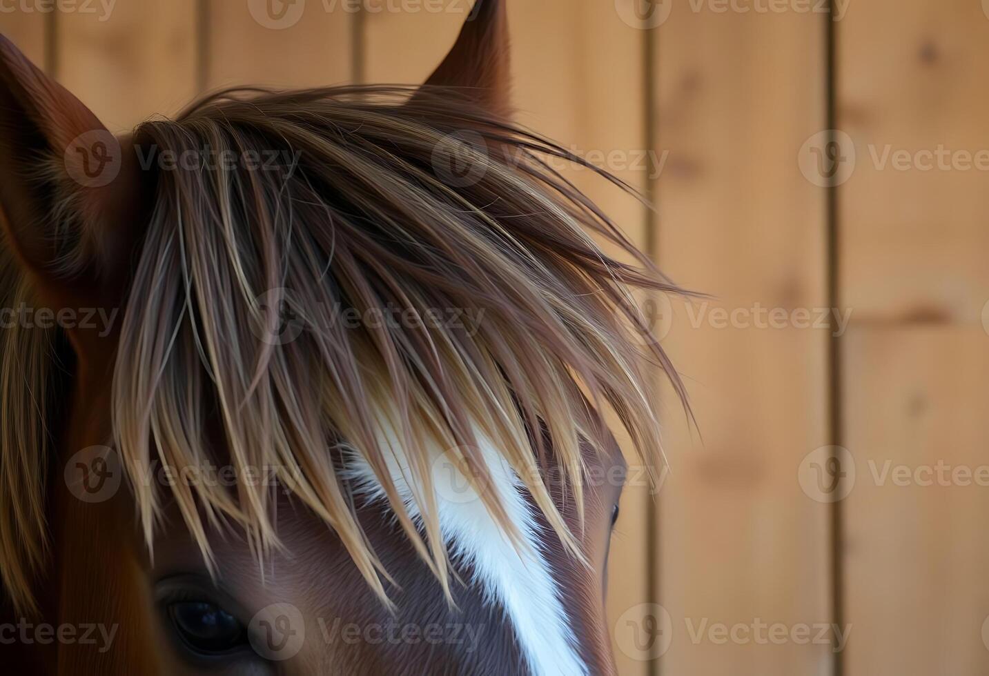 A close up of a horse's head with a brown and white mane photo