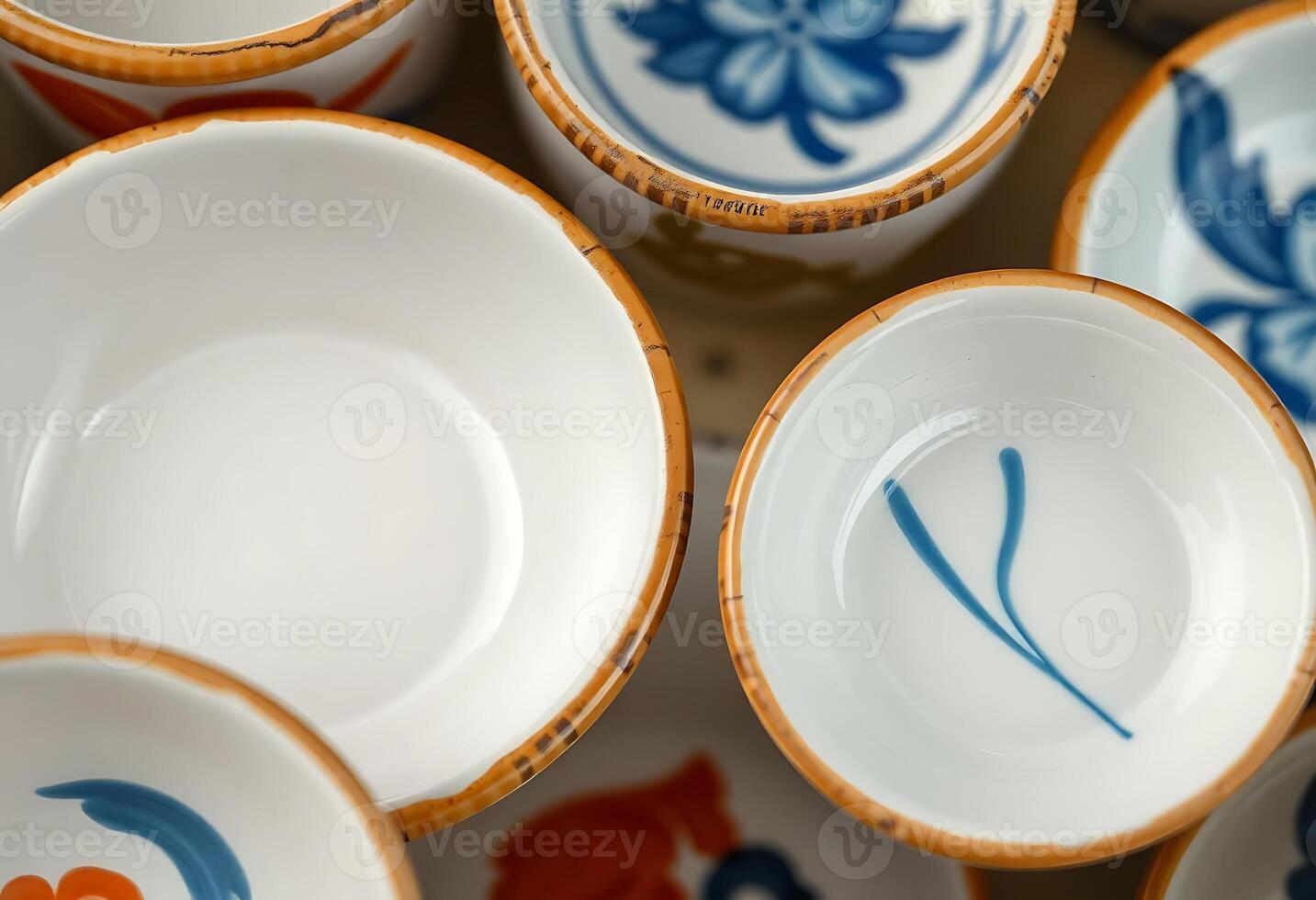 A close up of several white and blue bowls photo