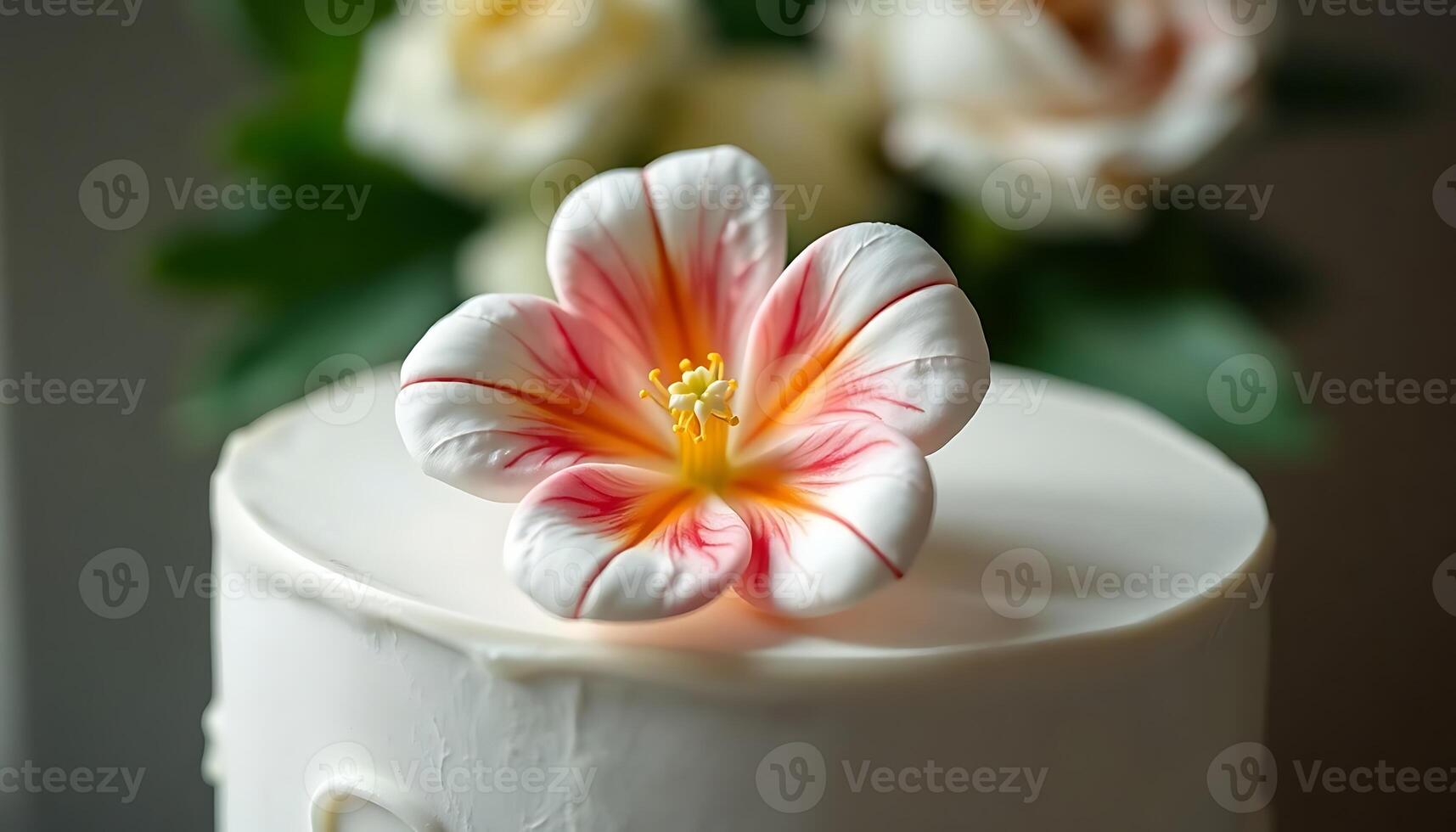 A white cake with a pink flower on top photo