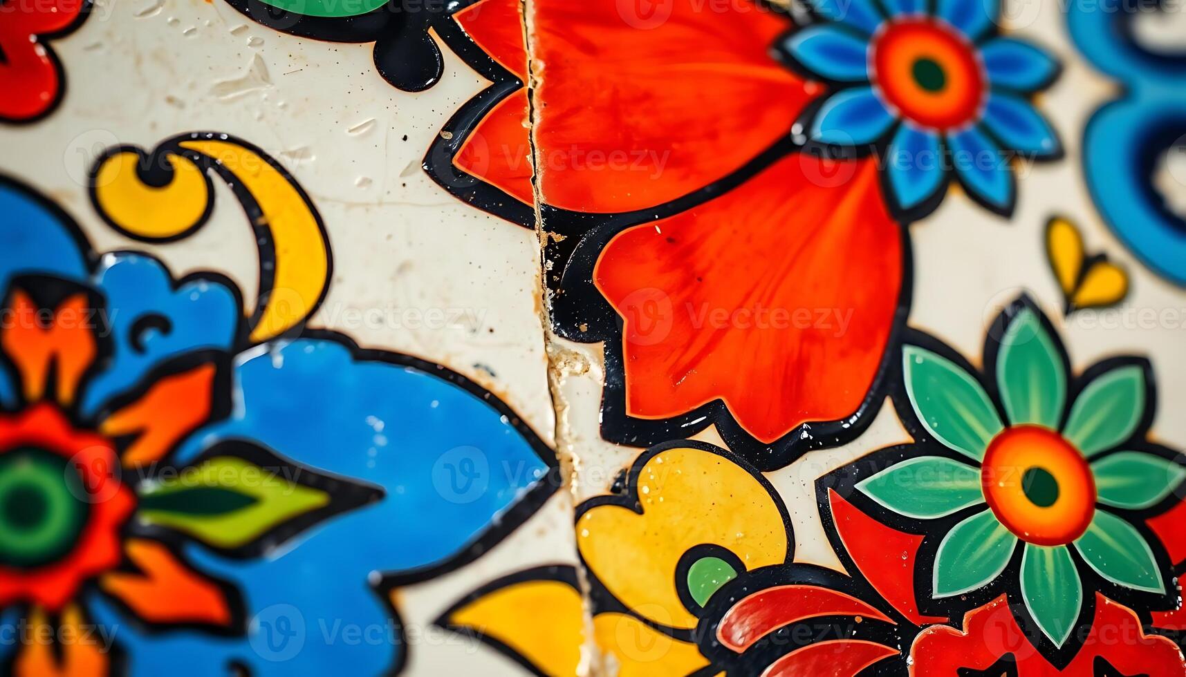close up of a colorful flower design on a wall photo