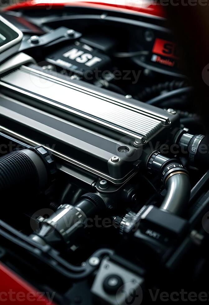 close up of a car engine with a cell phone photo