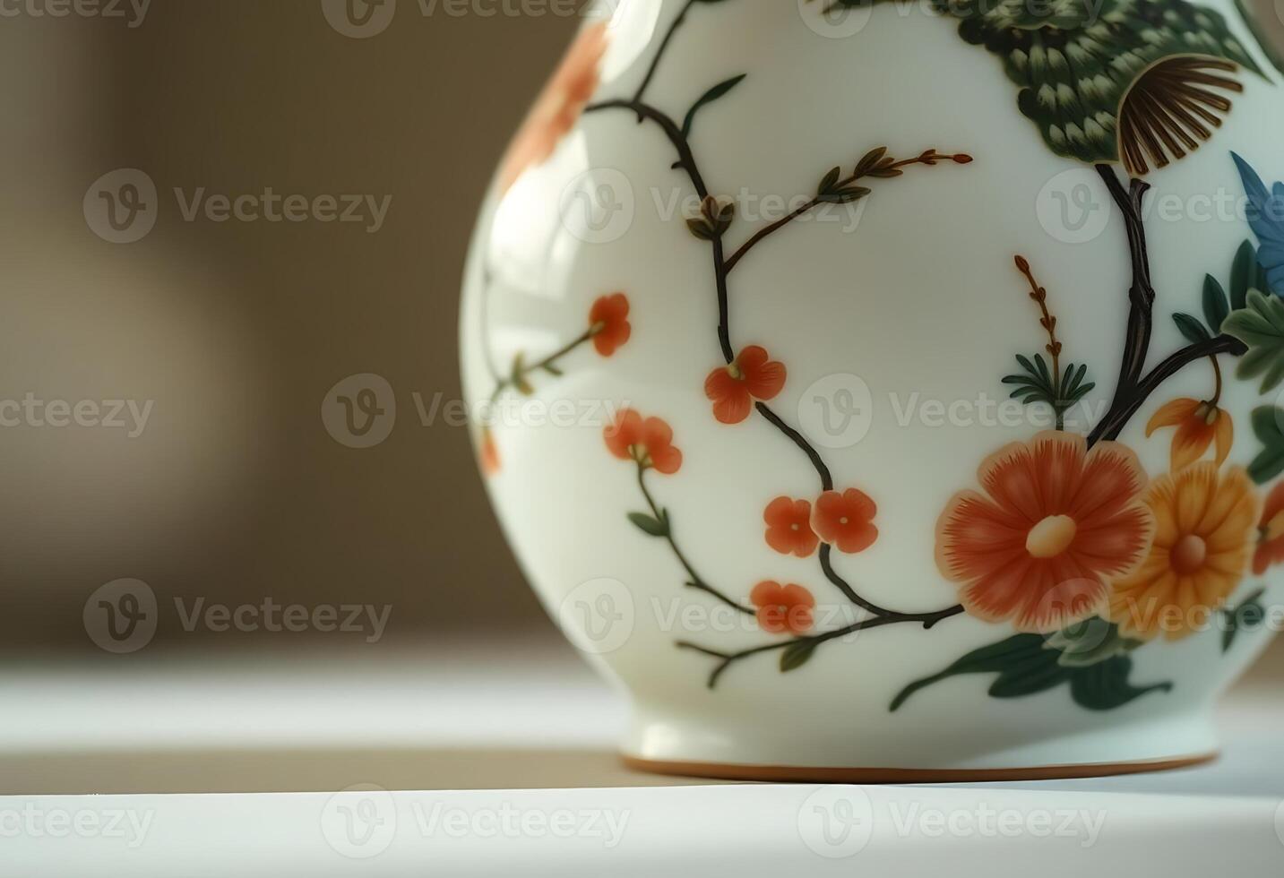A close up of a vase with flowers and birds photo