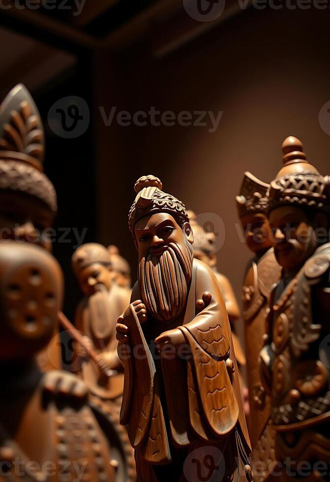 group of carved wooden figurines sitting on top of a table photo