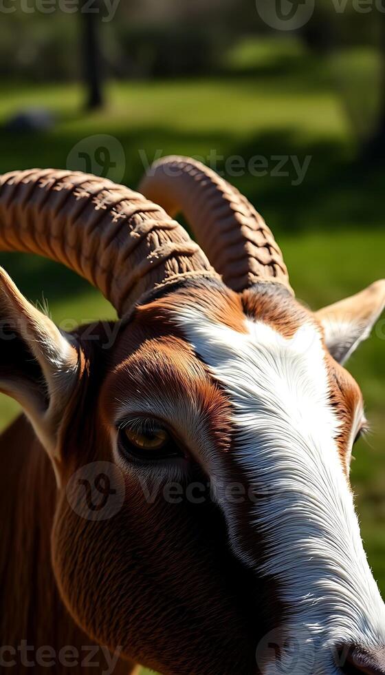 close up of a goat with long horns photo