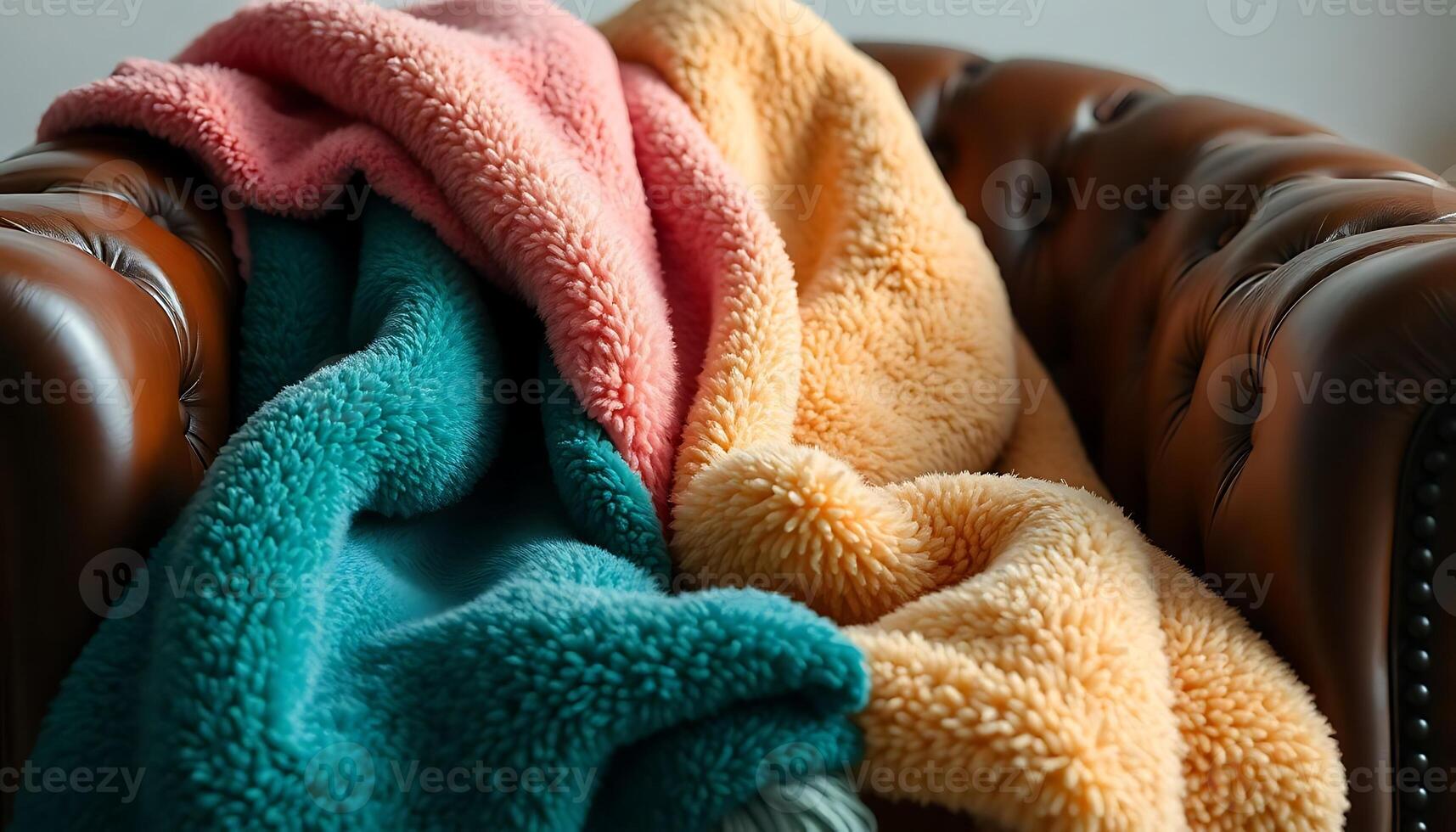 pile of towels sitting on top of a brown leather chair photo