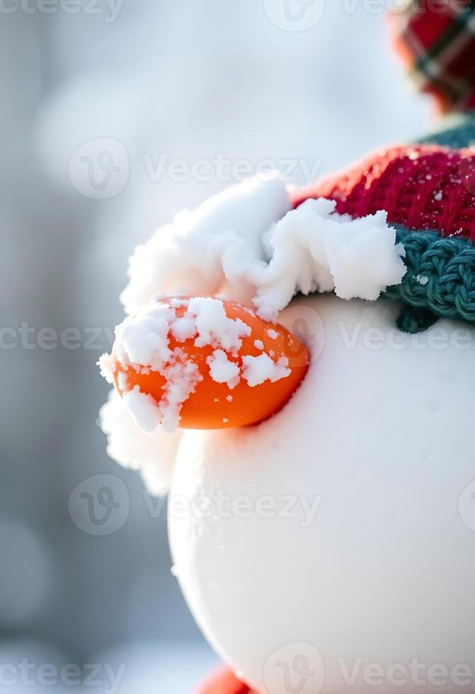 close up of a snowman wearing a hat and scarf photo