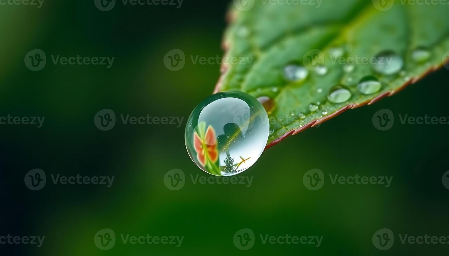 A drop of water on a leaf with green background photo