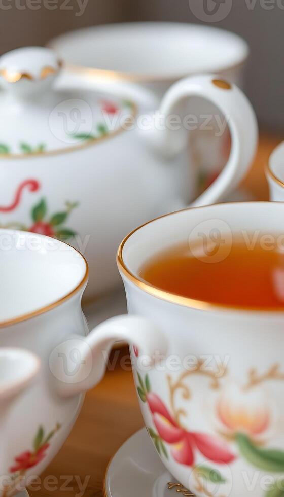 A close up of tea cups and saucers photo