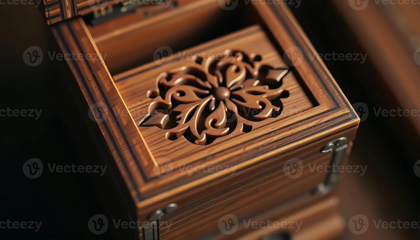 A close up of a wooden box with intricate designs photo