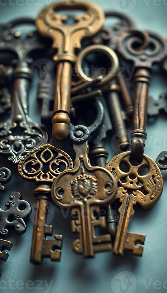 A pile of old keys on a table photo