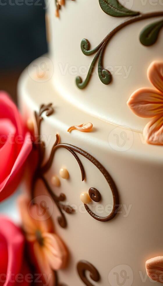 close up of a three layer cake with flowers on it photo