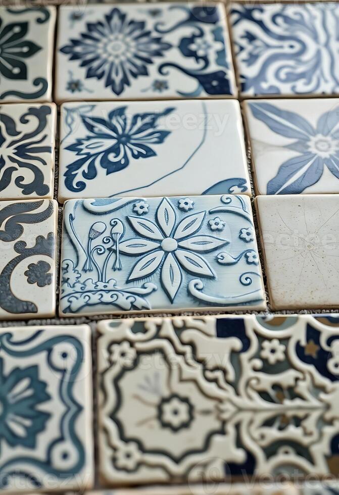 close up of a tiled floor with blue and white tiles photo
