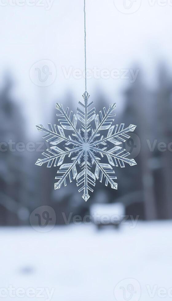 snowflake hanging from a string in the snow photo