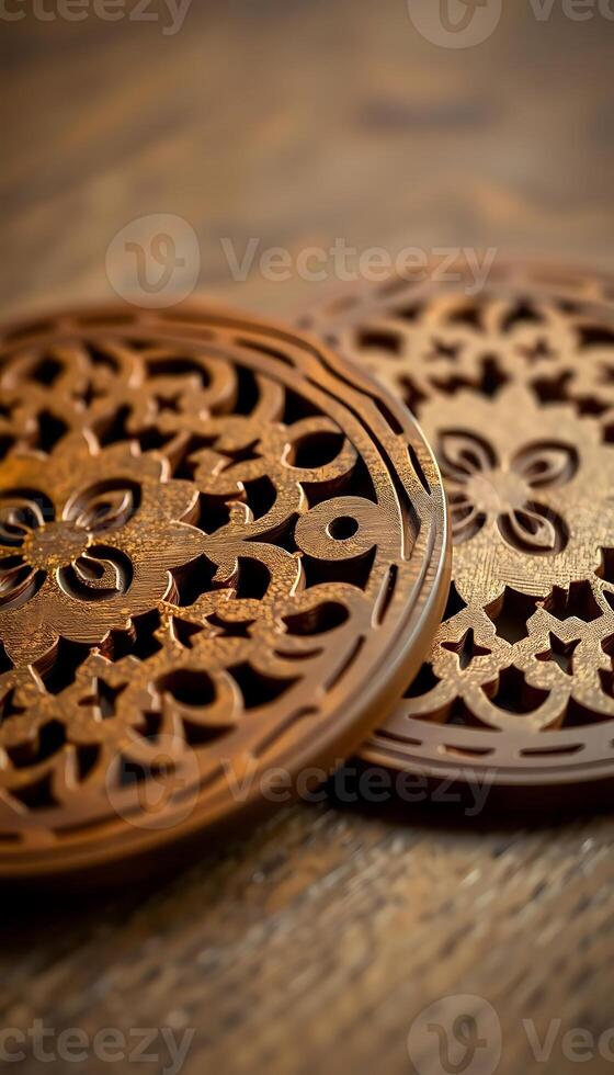 two wooden coasters sitting on top of a wooden table photo