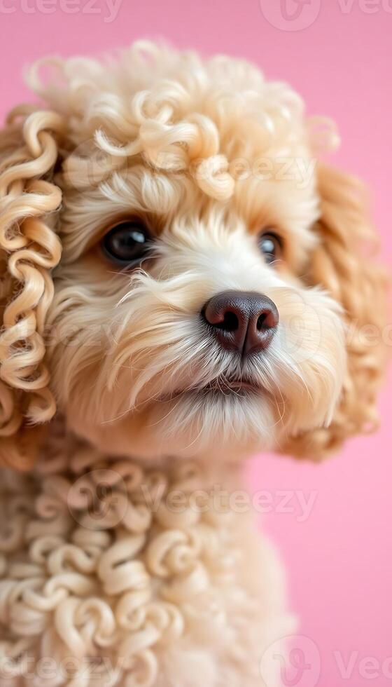 A poodle dog with curly hair on a pink background photo