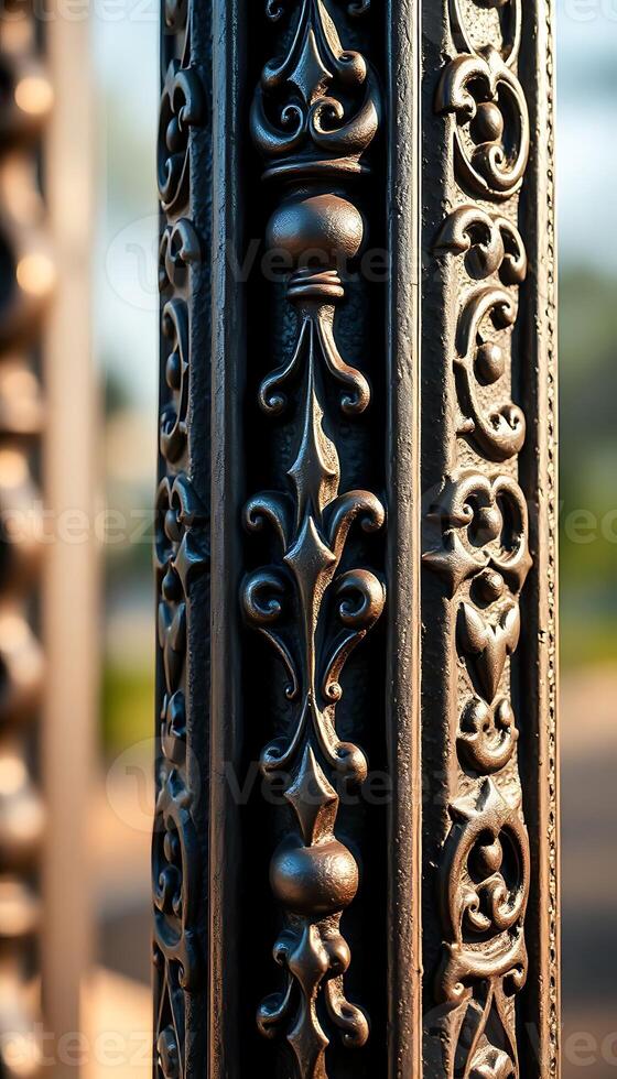 close up of a metal fence with a street in the background photo