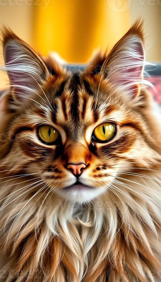 A cat with yellow eyes is looking at the camera photo