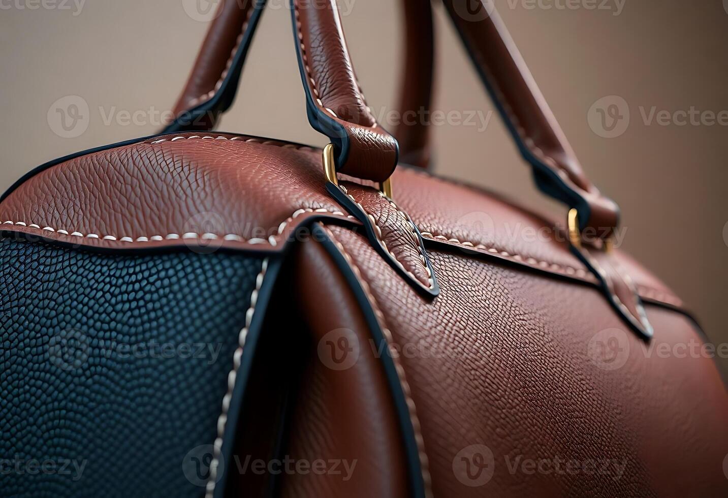 close up of a brown and blue purse photo