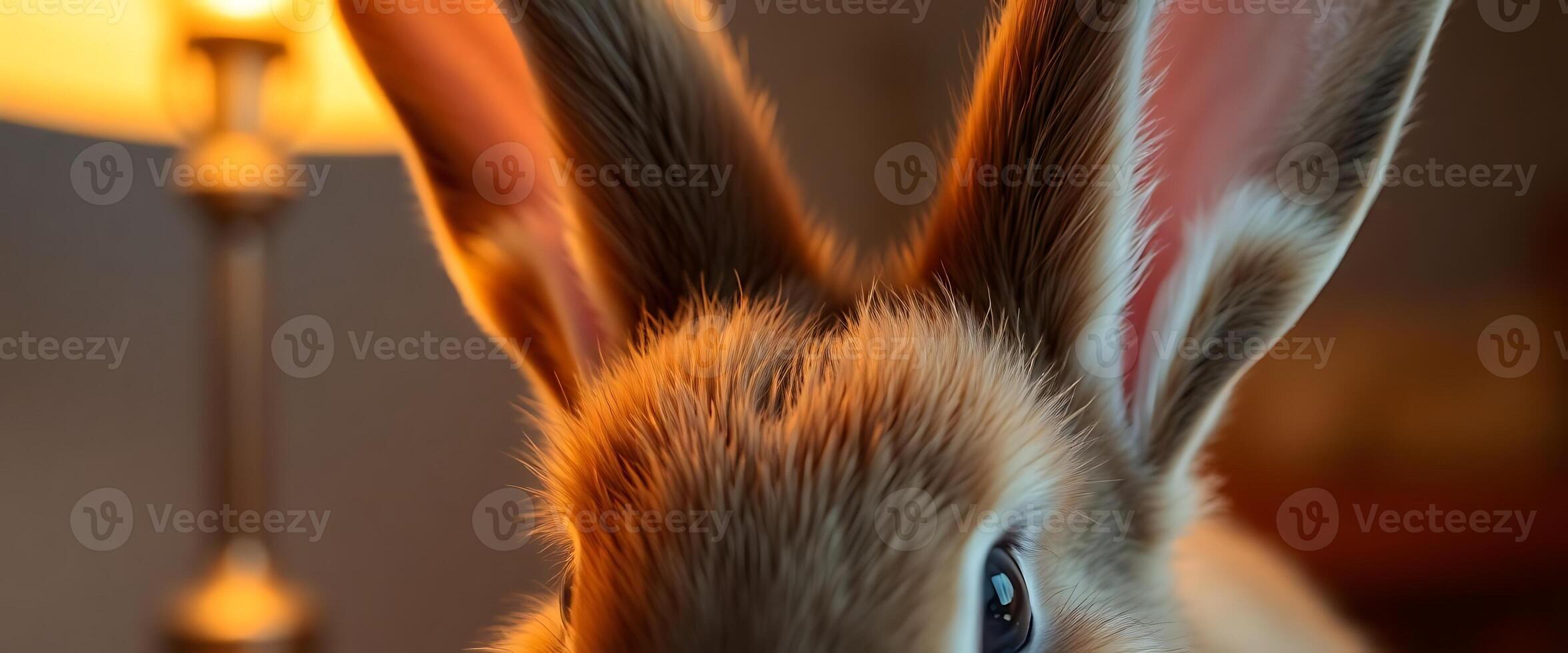 close up of a rabbit's face with a lamp in the background photo