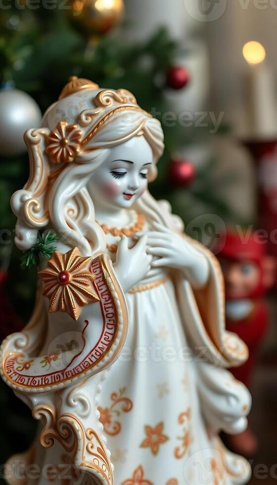 figurine of a woman with a christmas tree in the background photo