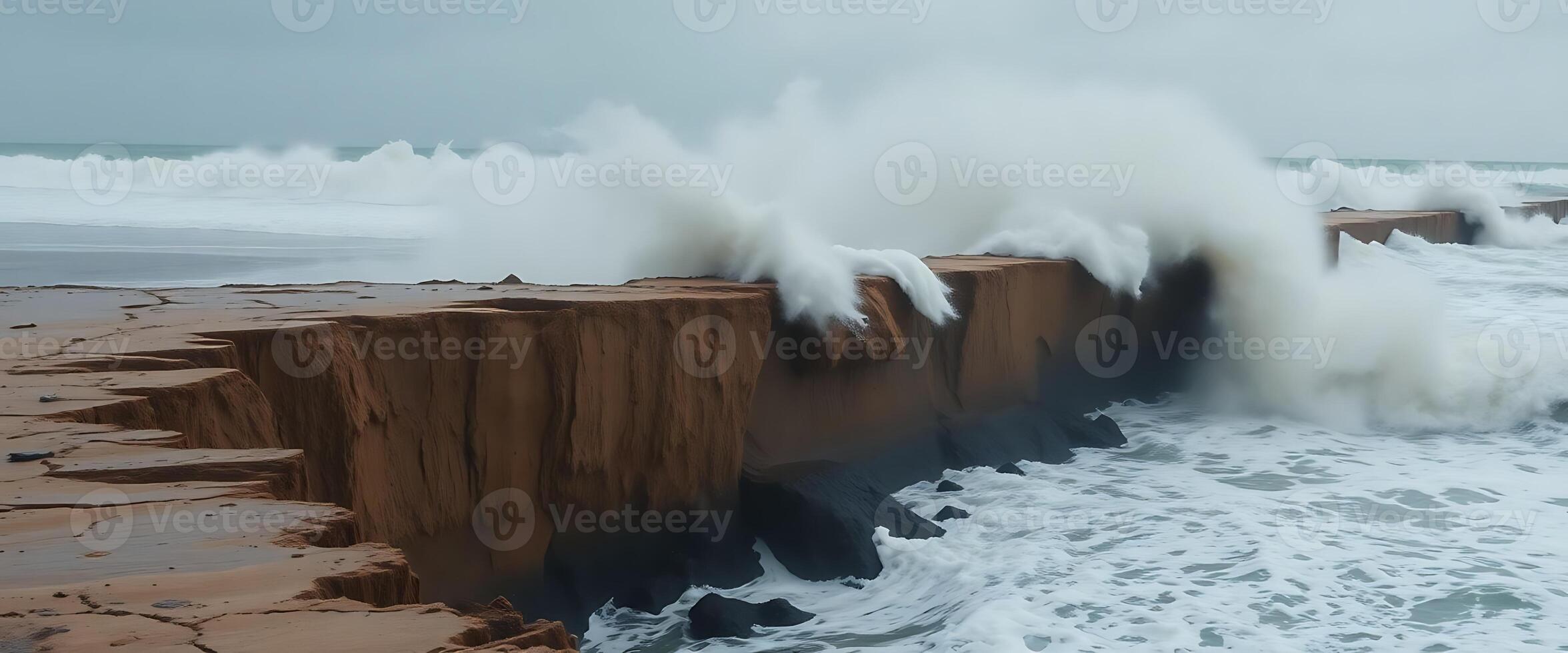 large wave crashes against a rock wall at the beach photo