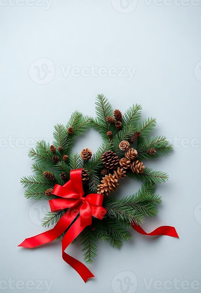 Christmas wreath with pine cones and red ribbon on gray background photo