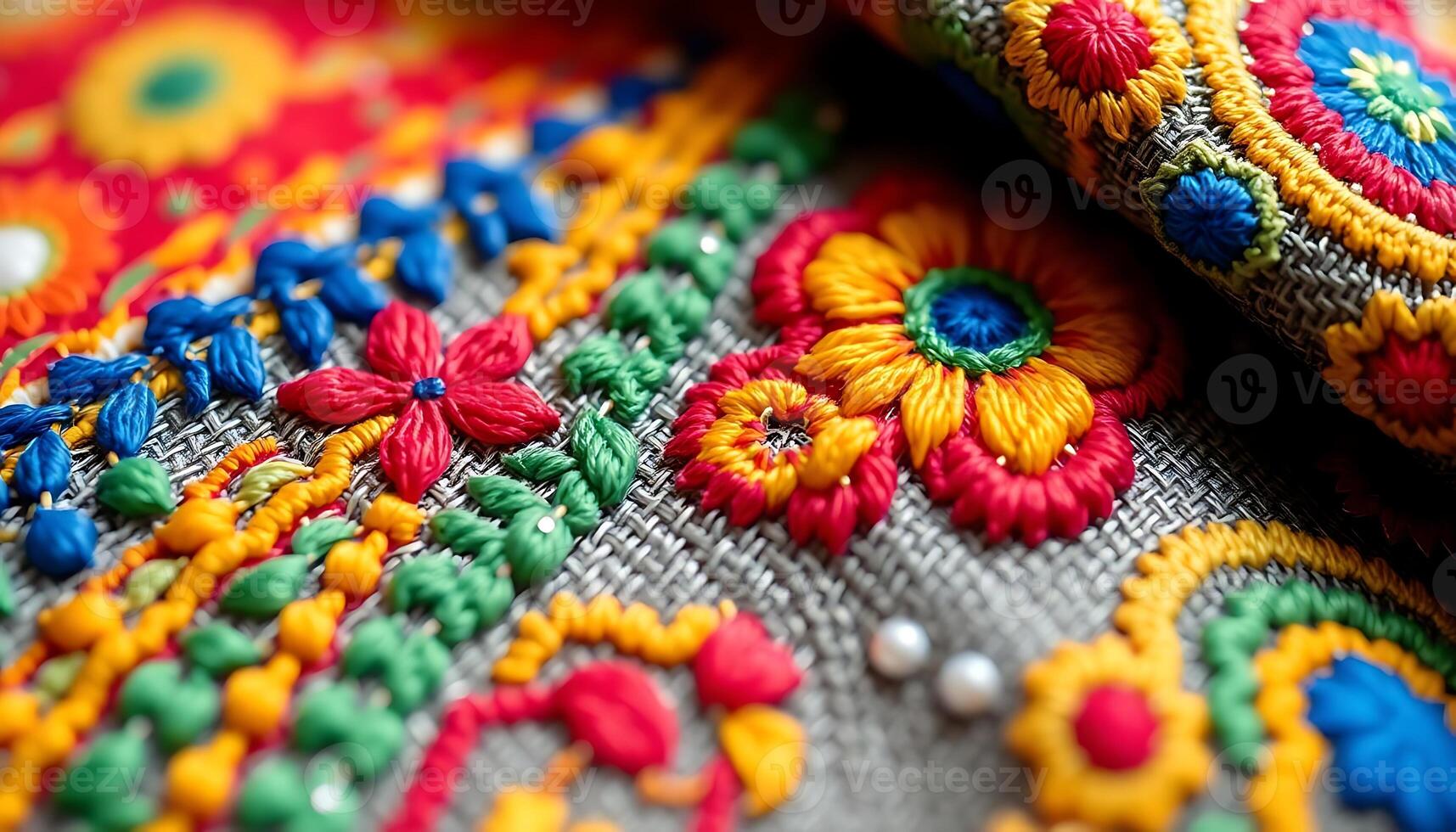 Close up of colorful embroidered fabric photo