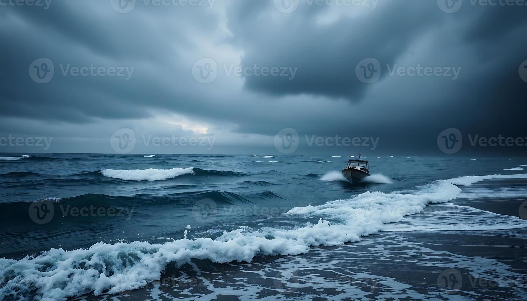 boat in the middle of the ocean under a cloudy sky photo