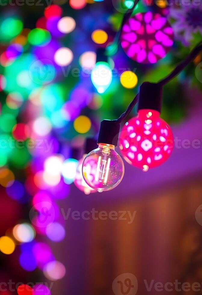 string of colorful lights hanging from a ceiling photo