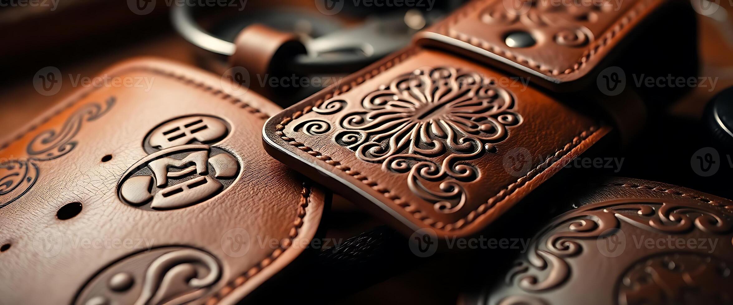 bunch of brown leather keychains sitting on top of a table photo