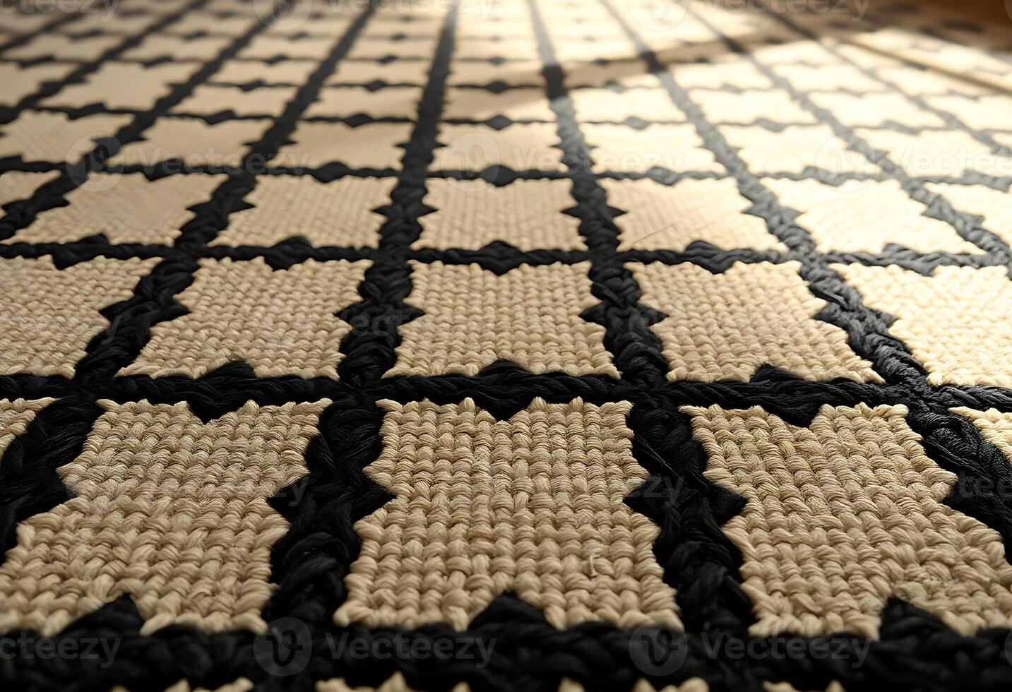 A close up of a rug with a black and white design photo