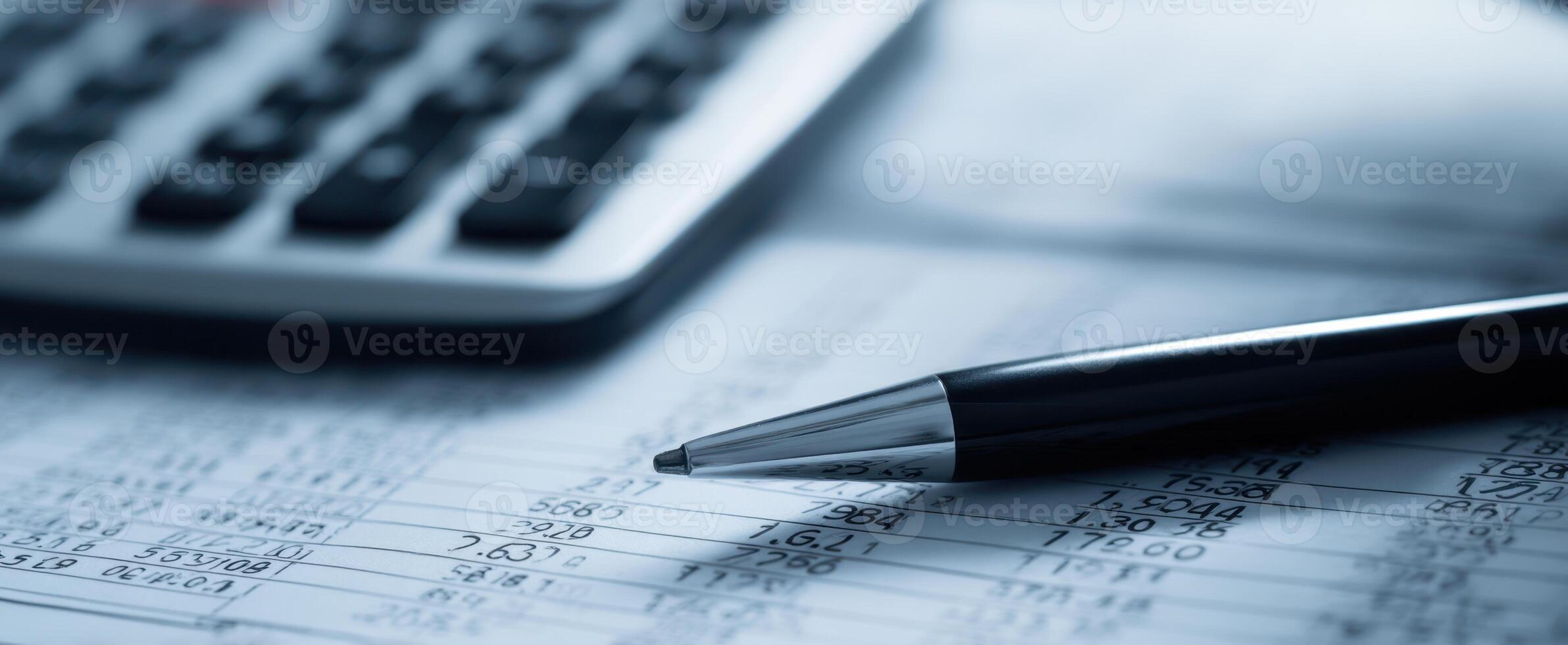 The calculator and pen resting on financial documents for analysis and review. photo