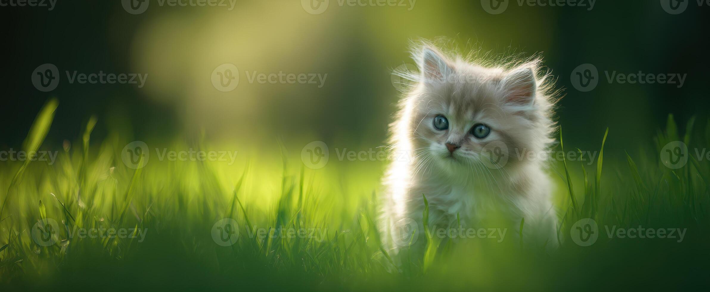 The fluffy kitten exploring a sunlit grassy meadow in tranquil nature. photo