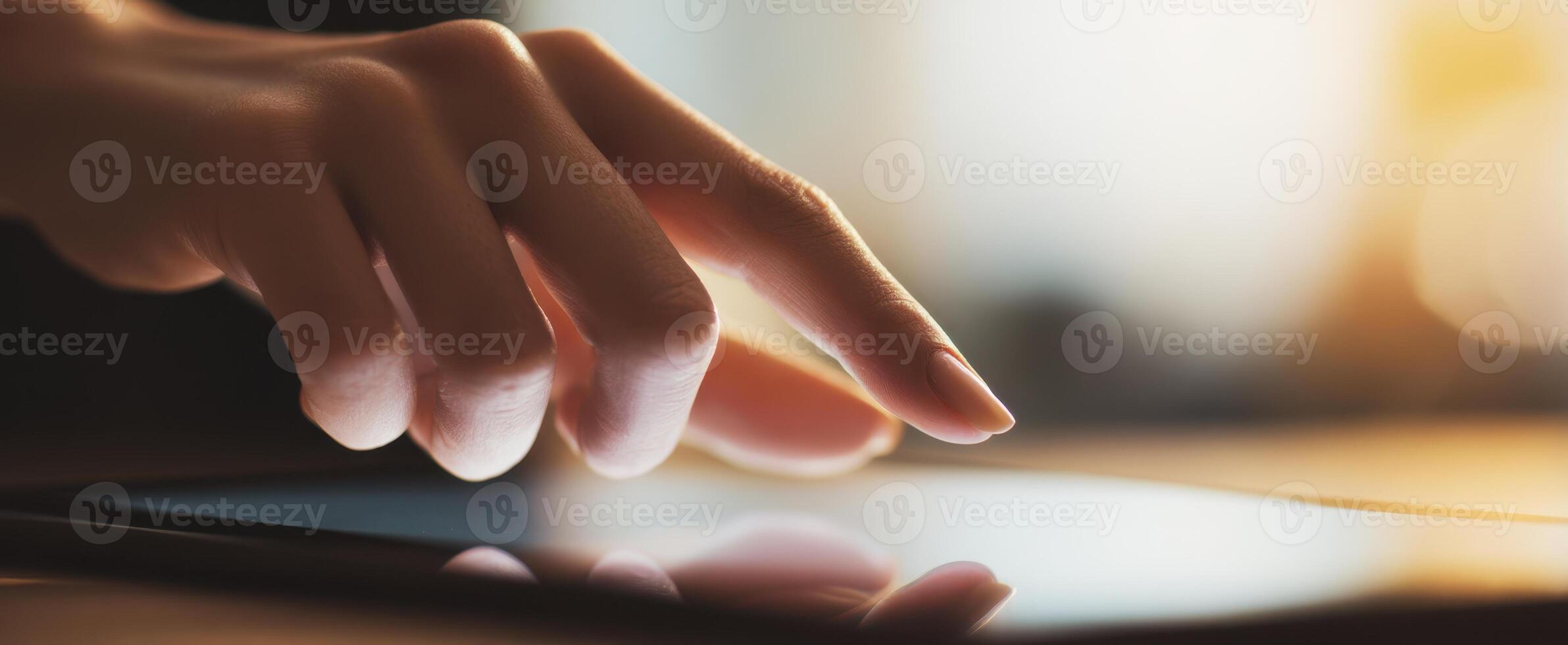 The finger interacting with a touchscreen device in a modern environment. photo