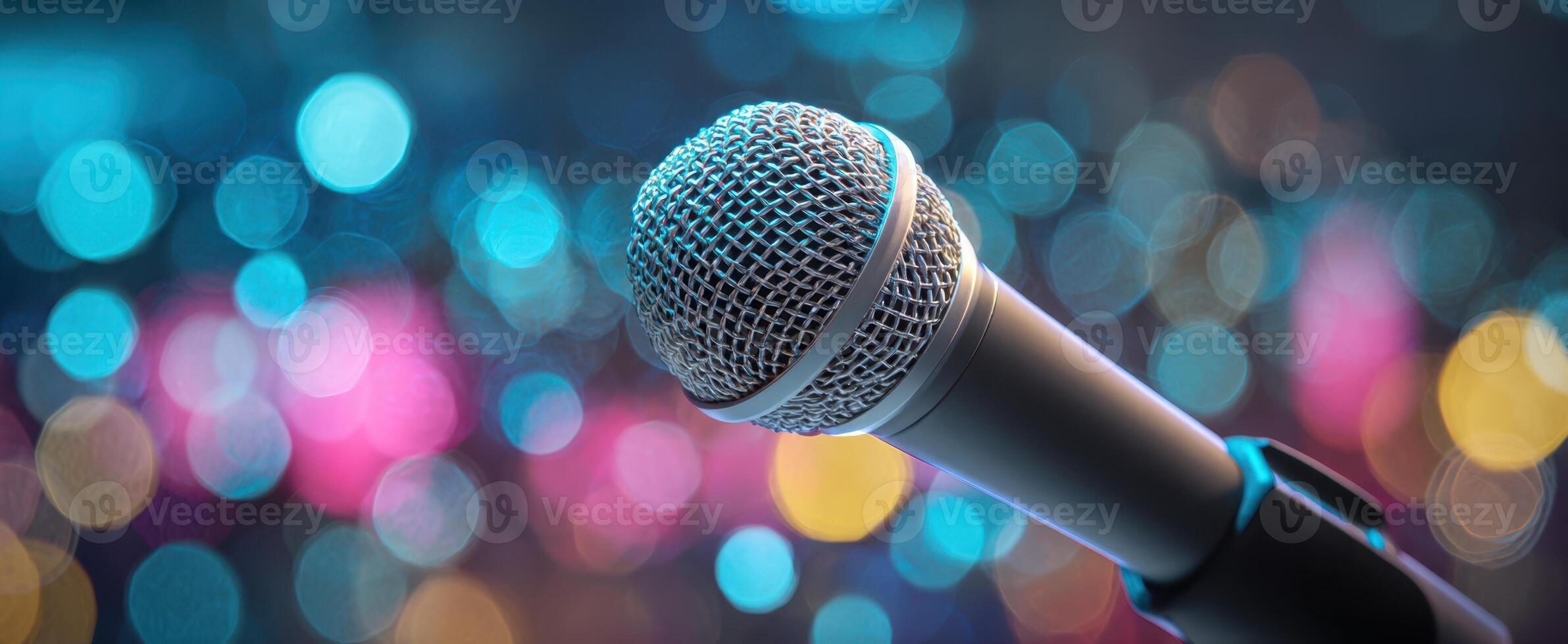 The microphone shining brightly amidst a vibrant bokeh background. photo