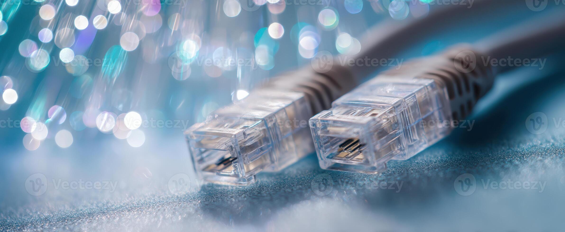 The close-up view of transparent network cables against a vibrant bokeh background. photo