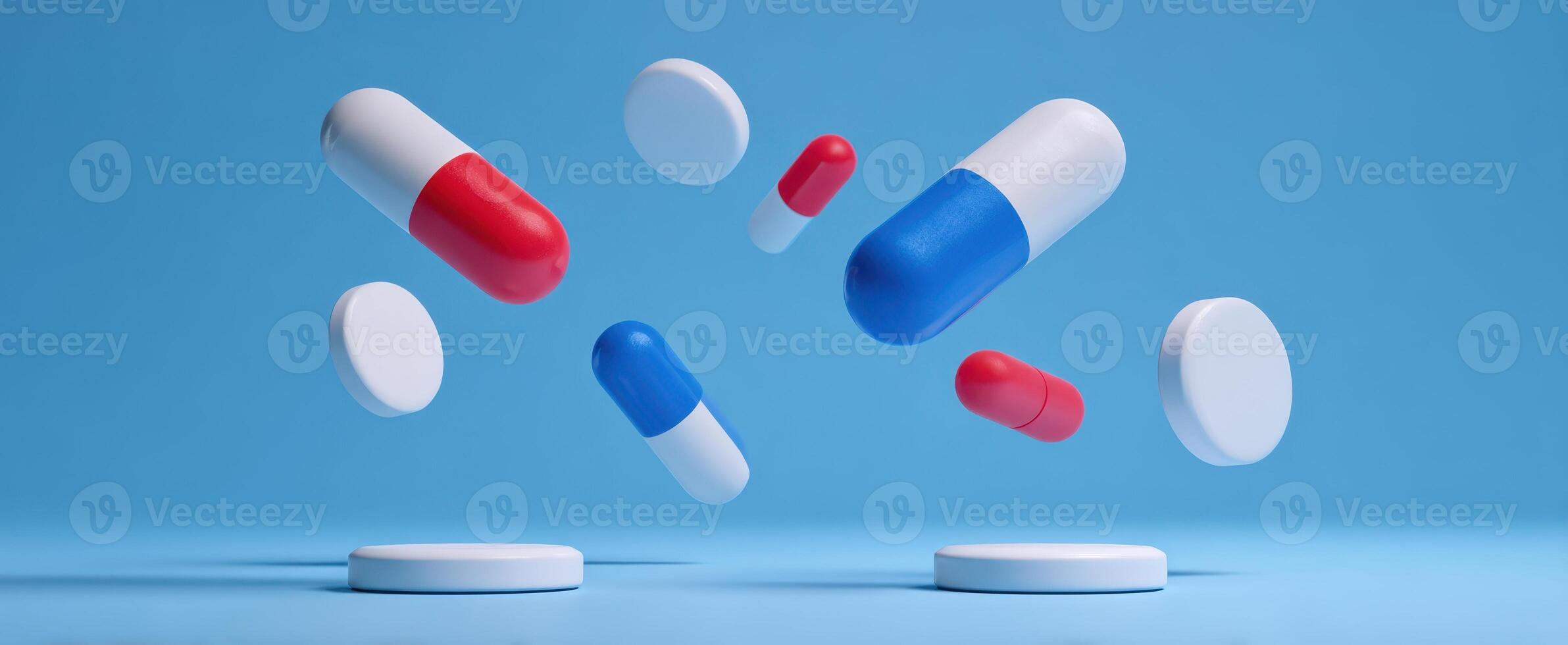 The vibrant floating capsules and pills against a calming blue background. photo