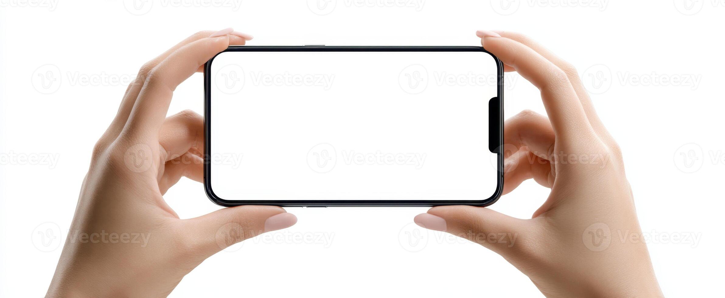 The smartphone held in hands against a white background for display purposes. photo