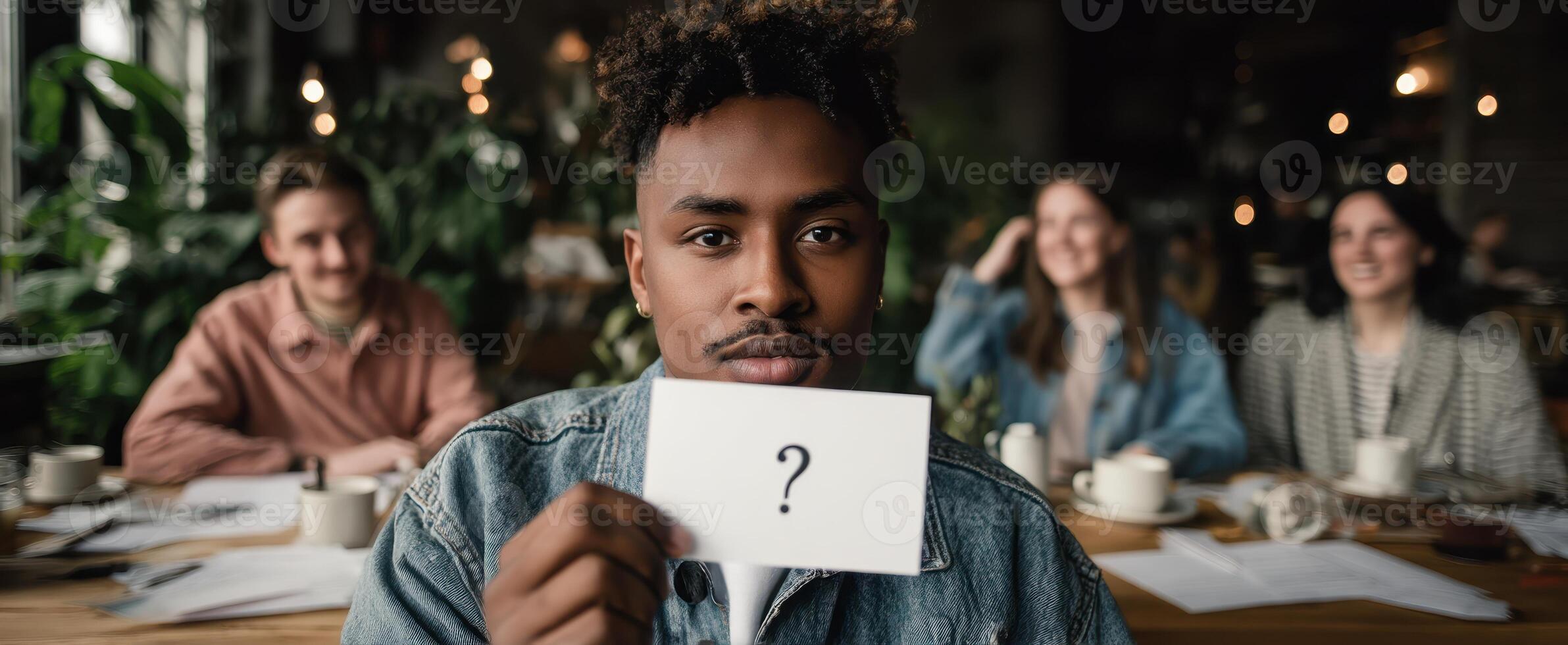 The young man holding a question mark card during a casual group discussion. photo