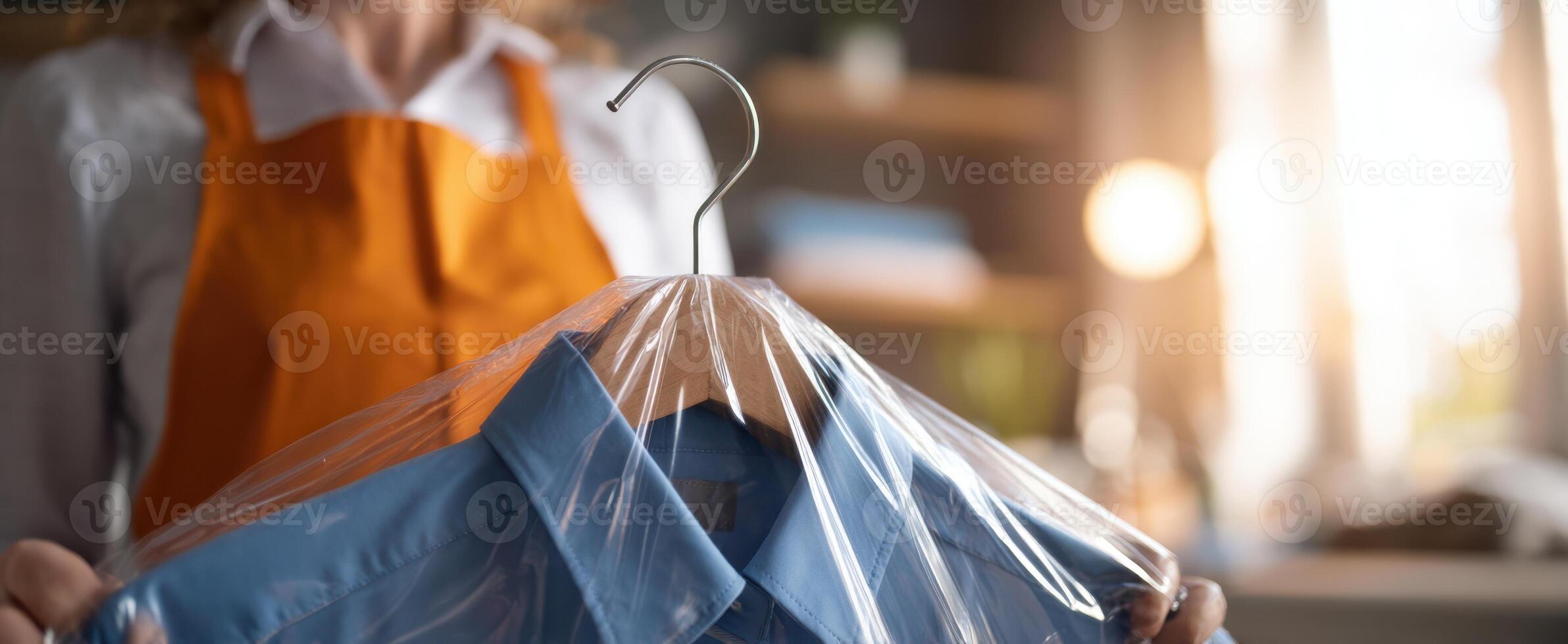 The professional handling a freshly cleaned blue shirt in protective wrapping. photo