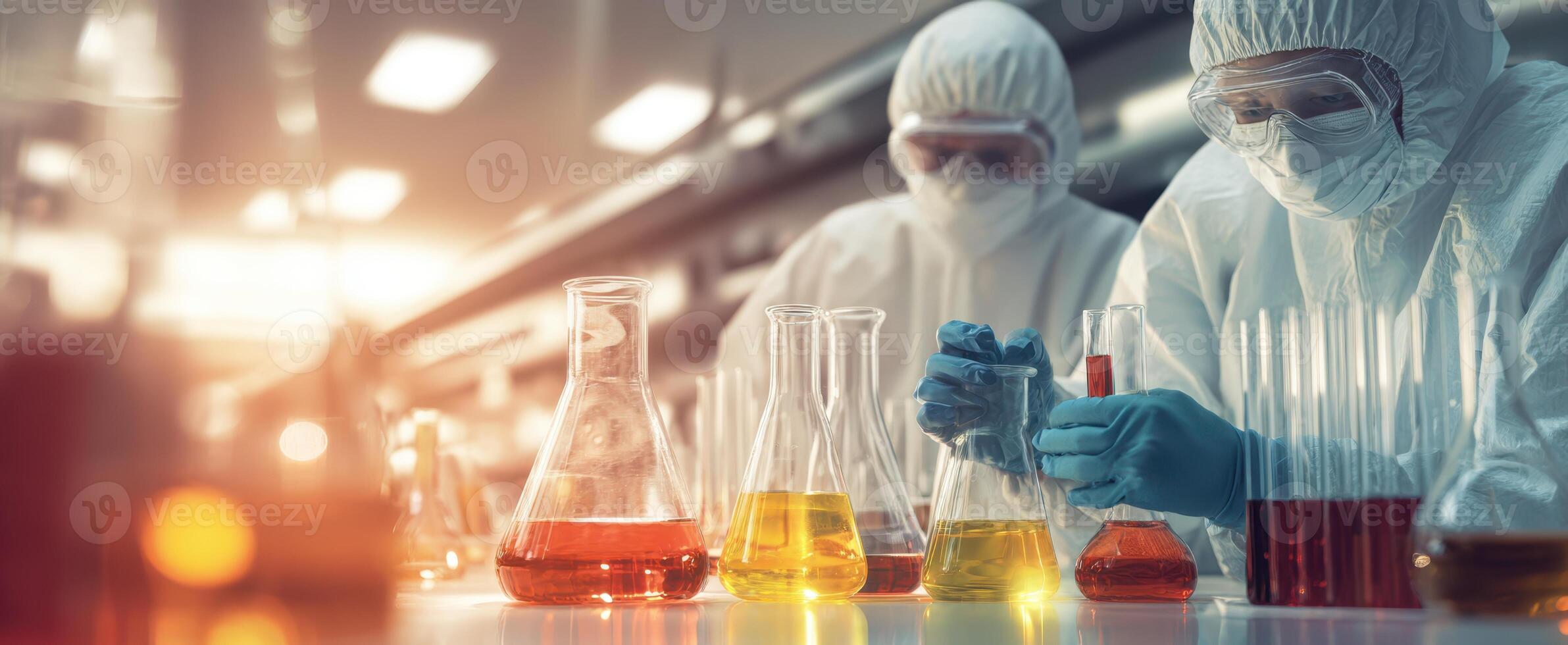 The scientists conducting experiments with colorful liquids in a laboratory setting. photo